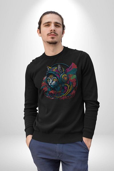 Angemiel Headphones Cat Music Tabby Women Men Black Printed Sweatshirt