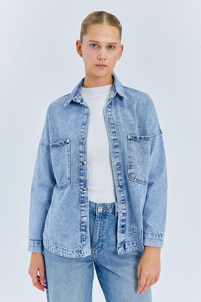 Mixray 4588 Cămașă de damă din denim cu broderie albastră