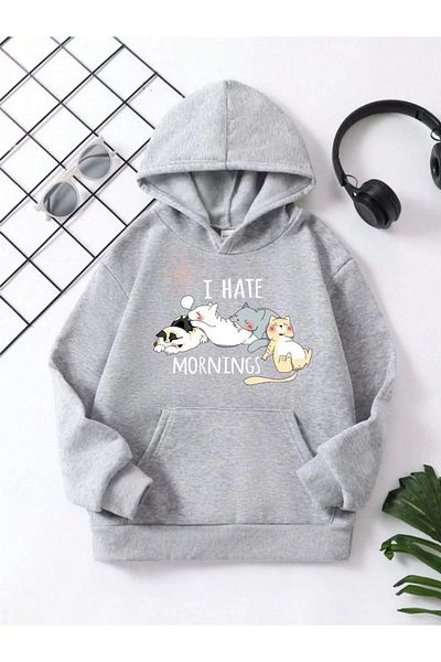 Pink Sky Hanorac pentru copii unisex gri - cu glugă, imprimeu pisicuță, bumbac