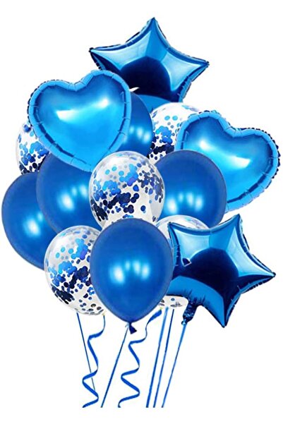 Paparti Mavi Kalp Yıldız Folyo Balon Seti Helyuma Uygun Doğum Günü Parti Deko...