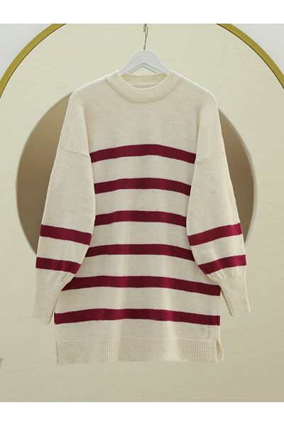 Modamorfo Round Neck Slit Knitwear Tunic -Red