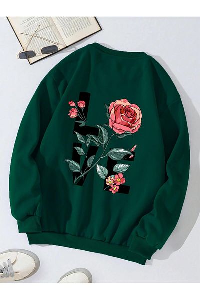 SOFTWAY Unisex Oversize Crew Neck Basic Rose Love εμπριμέ φούτερ - ΣΚΟΥΡΟ ΠΡΑΣΙΝΟ