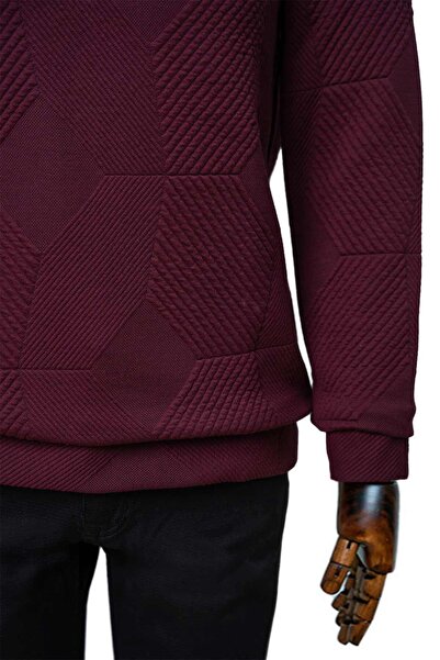 SÜVARİ Cavalry Loose Cut O Neck Quilted Ethnic Patterned Claret Red Sweatshirt