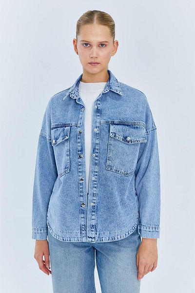 Mixray 4591 Cămașă de damă din denim spălat cu piatră albastră