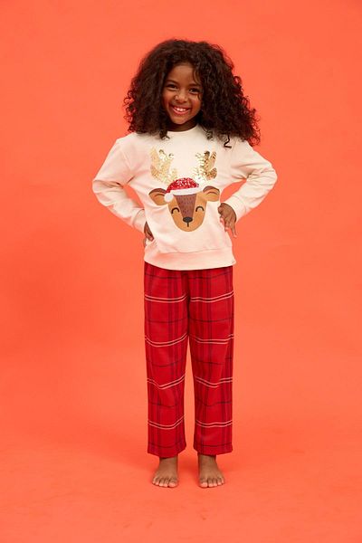 Katia&Bony Red Deer Patterned Girl's Pajama Set - New Year