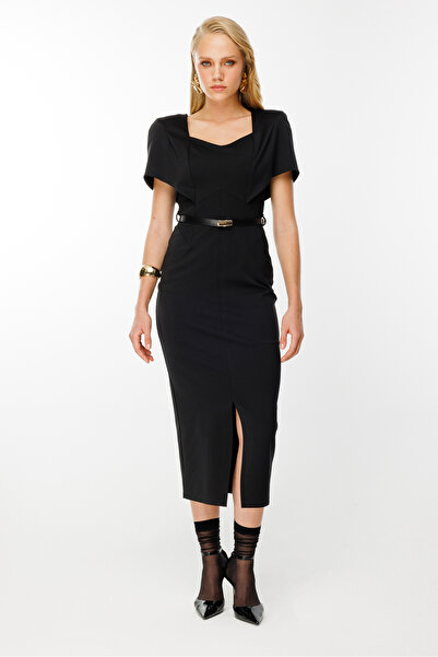 Nefeli Vatkalı Kemerli Önden Yırtmaçlı Elbise