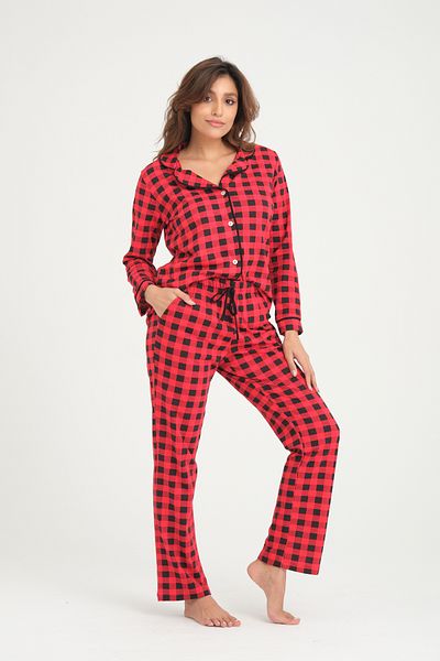 LİVE SPORT Metraj Printed 100% Cotton Knitted Pajama set Red Plaid