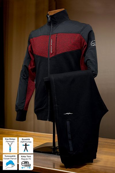 BESSA Set de trening pentru bărbați, negru, roșu, bumbac, 2 fire, țesătură, buzunare cu fermoar, set sport