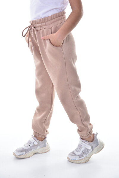 POLYMOOD Kız - Erkek Çocuk Bej Kışlık Compact Penye İçi Polar Şardonlu 3 Iplik Eşofman Altı Jogger Pantolon