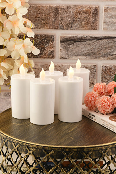 TR Turan Collection 5'li Pilli Led Silindir Mum 10 cm, Baton Mum Beyaz Renk