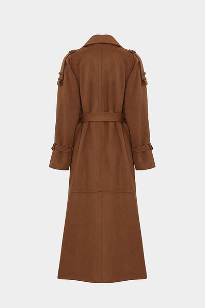 Açelya Okcu Premium Wide Cut Epaulette Λεπτομερής Maxi Suede γυναικεία καμπαρντίνα