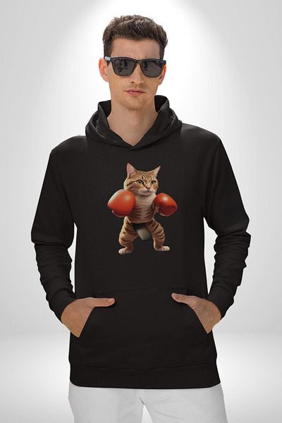 Angemiel Boxing Cat Women Men's Black Hooded Sweatshirt Hoodie