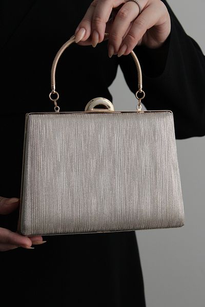 Mimoza Gold-Colored Double-Way Lurex Women's Evening Dress Bag with Hand and Chain Strap and Playful Handle (Not Ship)