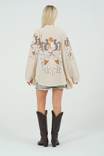 Moda Palmiss Жіноче бежеве вишите лляне кімоно