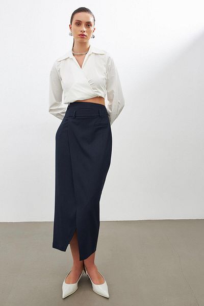 Setre Navy Blue Asymmetrical Detailed Midi Skirt