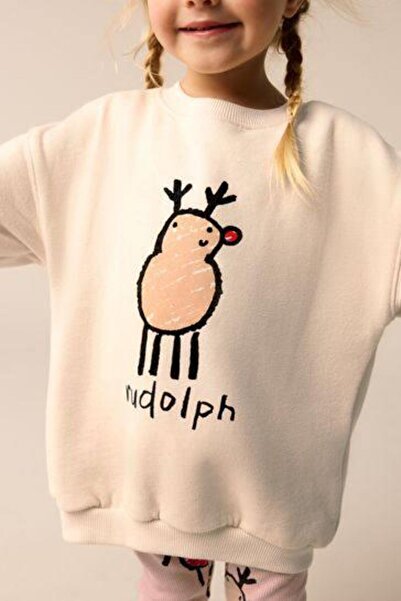 Magu Girls' Deer Christmas Print Winter Cotton Sweatshirt Leggings Bottom-Top Set