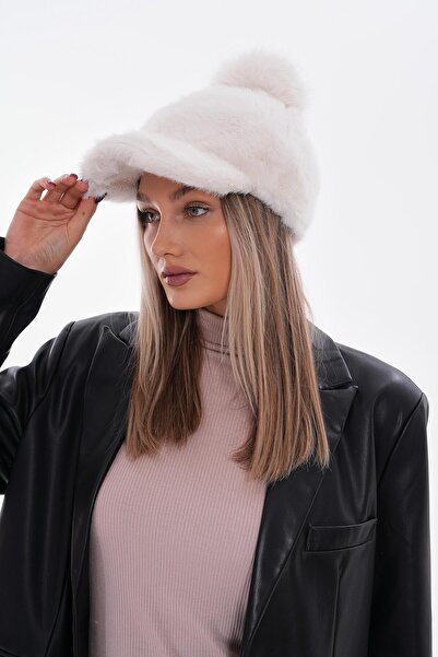MARBERRY Ecru Plush Cap Hat with Pompom