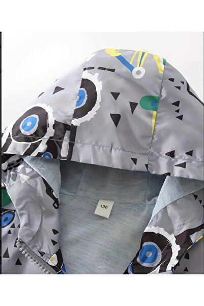 anonim Boy's Hooded Gray Business Machine Printed Raincoat-Windbreaker