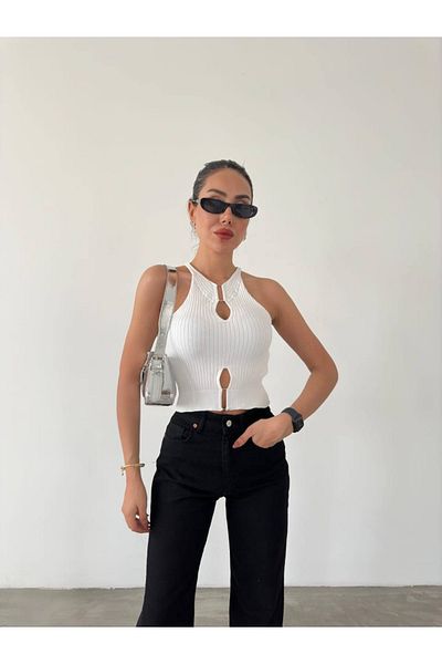 Kayaka triko Stretchy Knitwear Fabric Round Neck Sleeveless Crop Blouse with Accessory Detail