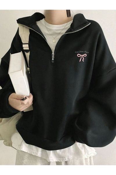 MOONBULL Women's Pink Ribbon Left Chest Printed Half Zippered Stand Collar Oversize Sweatshirt