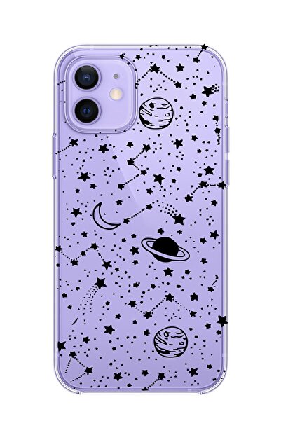 3GEN CASE İphone 12 & Iphone 12 Pro Uyumlu Siyah Gezegen Desenli Şeffaf Silik...