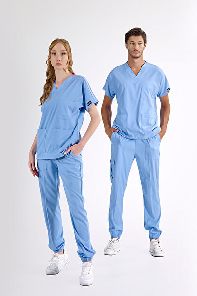 ÇİZGİ MEDİKAL Açık Mavi Jogger Lastikli Paça Likralı Doktor Hemşire Forması S...