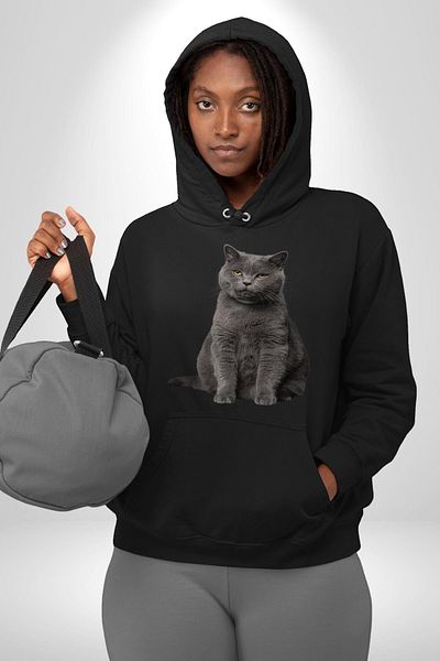 Angemiel British Shorthair Cat Patterned Black Men's Women's Hooded Sweatshirt Hoodie