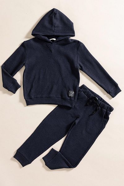for you kids 2-Piece Hooded Navy Blue Waffle Sweat Jogger Bottom Top Set