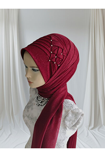 NurAy Burgundy lurex Zehra turban instant șal de seară șal