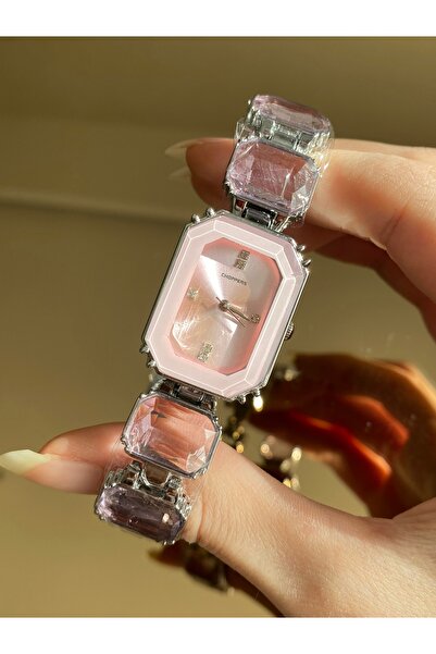 ROSESSO ساعة يد نسائية مثمنة فضية مرصعة بالأحجار الوردية من سواروسكي