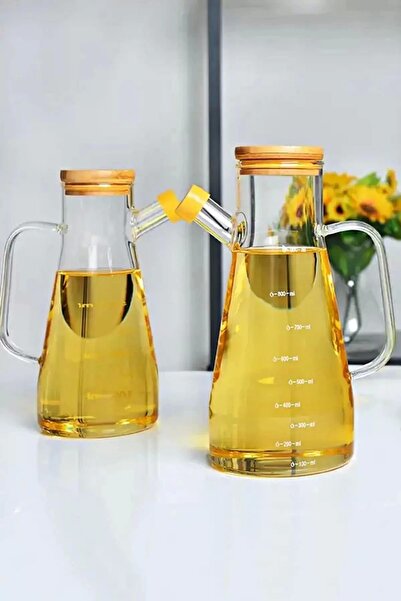 Rosemor 2'li Bambu Kapaklı Cam Yağdanlık Vakumlu Borosilikat Cam Sirkelik Zeytinyağı