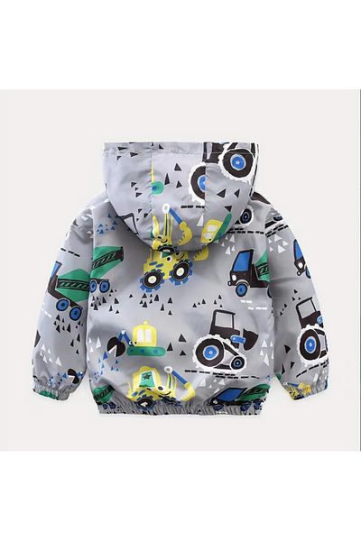 anonim Boy's Hooded Gray Business Machine Printed Raincoat-Windbreaker