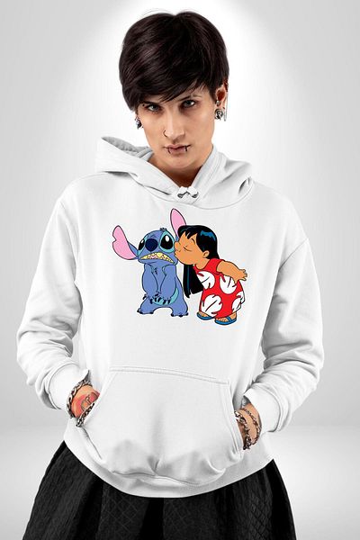 Angemiel Φούτερ με λευκή κουκούλα με μοτίβο Lilo And Stitch - Hoodie για γυναίκες και άνδρες