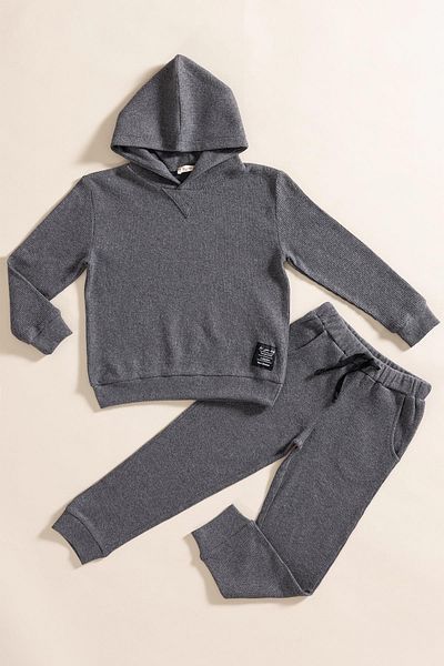 for you kids 2-Piece Hooded Anthracite Waffle Sweat Jogger Bottom Top Set