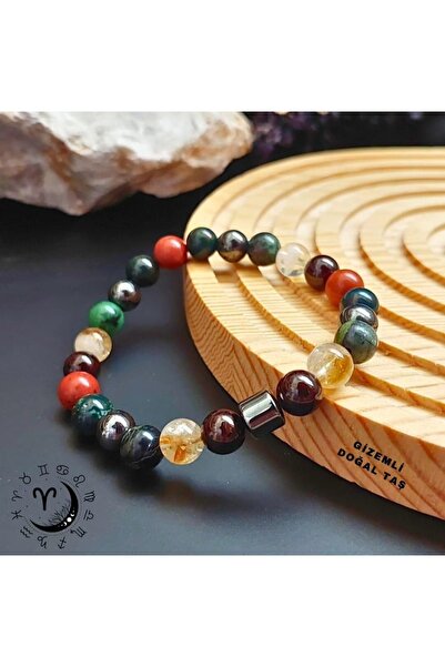 GİZEMLİ DOĞAL TAŞ Koç Burcu Bileklik Sitrin Lal Granat Kan Taşı Anyolit Hematit Jasper