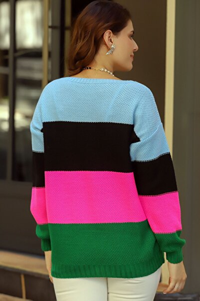 LOS FECHKA Bicycle Round Neck Long Sleeve Color Block Brass Knit Skirt Elastic Knitwear Sweater