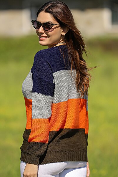 LOS FECHKA Bicycle Round Neck Long Sleeve Color Block Brass Knit Skirt Elastic Knitwear Sweater