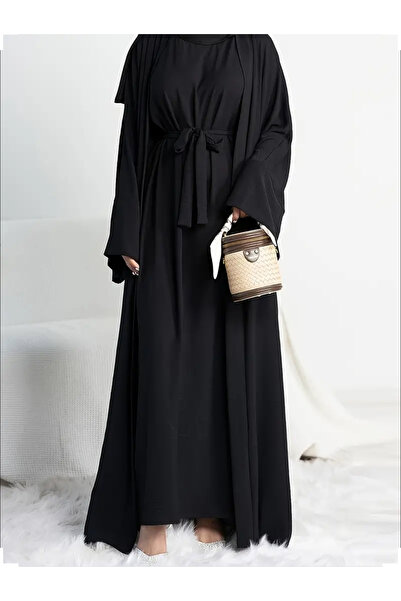Yasee Kemerli Şık Düz Renk Kaftan Elbise Seti  Uzun Kollu Bol Kesim abaya set