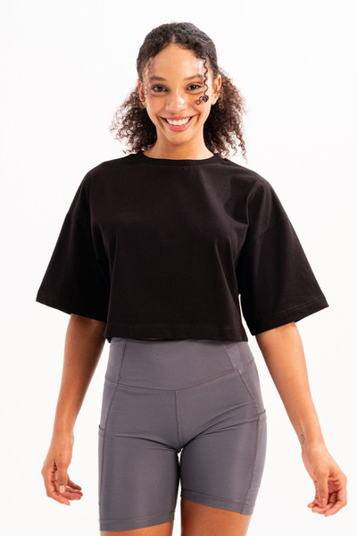 JUSTEVER 100% Cotton Crop Crew Neck Black Women's T-Shirt - Maia