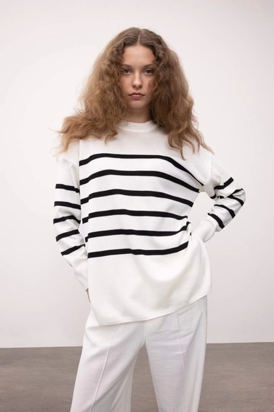 DeFacto S7517 Пуловер с релефна плетка и райета, с широка кройка