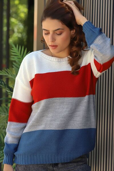 LOS FECHKA Bicycle Round Neck Long Sleeve Color Block Brass Knit Skirt Elastic Knitwear Sweater