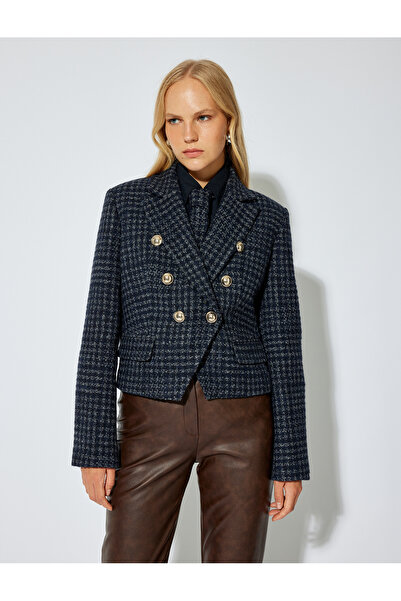 Koton Krátke dvojradové tvídové sako s asymetrickým vreckom na gombíky