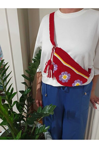 NEXT LİFE STORE El Örgüsü Kırmızı Çiçekli Omuz Çantası