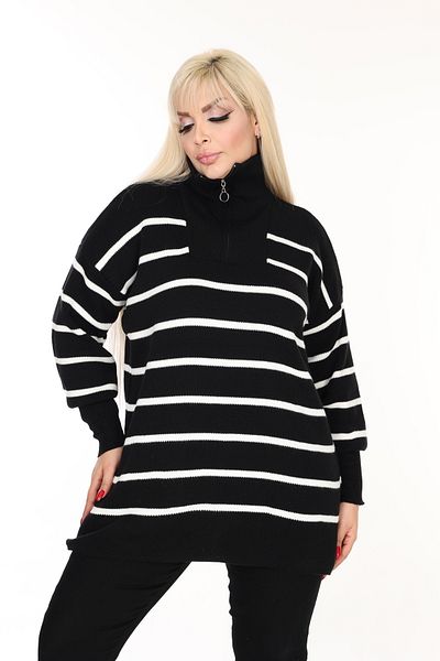 MJORA Zippered Polo Collar Striped Knitwear Sweater