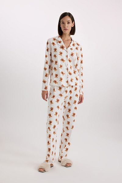 DeFacto Be in Love Patterned Pajama Set - Long Sleeve, Rubber Waist, Bottom D2278Ax24Wn