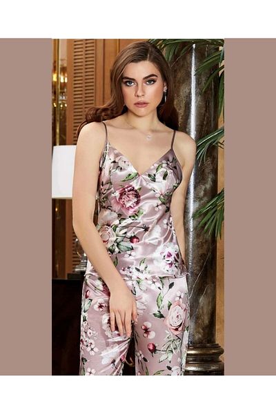 İntive Lingerie Jeremi Powder Floral Pattern Satin Silk Sleeves Transparent 3-Piece Pajamas Set-3053