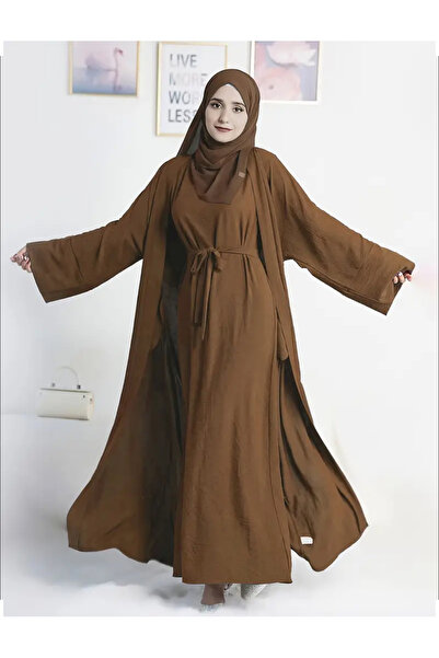 Yasee Kemerli Şık Düz Renk Kaftan Elbise Seti  Uzun Kollu Bol Kesim abaya set