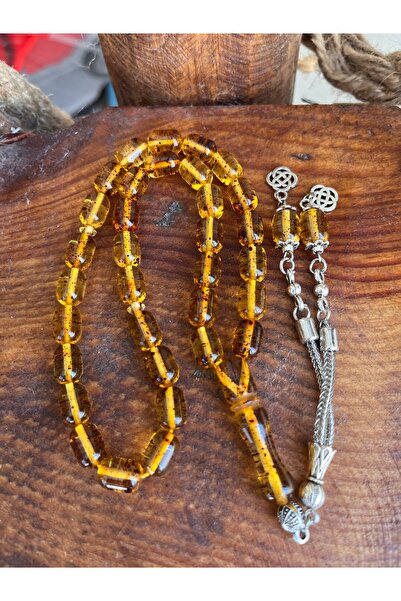 Dağ Kehribar ÖZEL ALPAKA PÜSKÜLLÜ FOSİLLİ SIKMA KEHRİBAR TESBİH