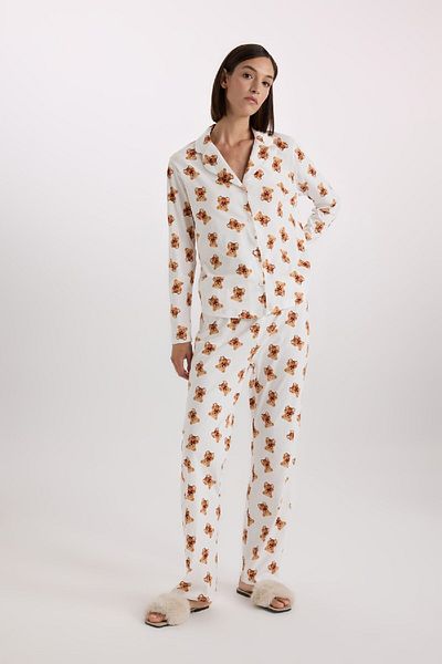 DeFacto Be in Love Patterned Pajama Set - Long Sleeve, Rubber Waist, Bottom D2278Ax24Wn