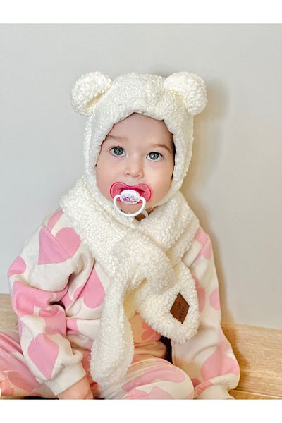 JUNİPERUS Baby Kids Teddy Plush Scarf Beanie Set